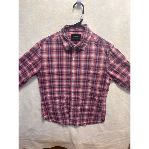 Bonobos Slim Fit Plaid Short Sleeve Button Down Shirt In Pink & Blue - Picture 1 of 9